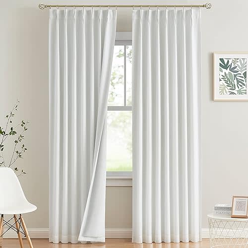 Vision Home White Pinch Pleated Full Blackout Curtains Thermal Insulated Window Curtains 95 inch for Living Room Bedroom Room Darkening Pinch Pleat Drapes with Hooks Back Tab 2 Panel 40" Wx95 L