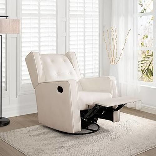 Relieve Muscle Aches with Nursery Glider, Upholstered Rocker Recliner Rocking Breastfeeding Maternity Chair with 360° Swivel Motion, Soft Cushions for Nursing and Bonding, Baby Reclining Chair - Cream