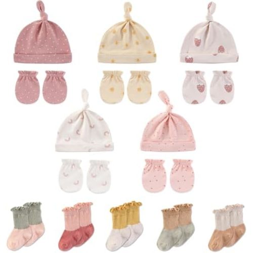Baby Boy Girl Cotton Hat Mitten Sock Set 15 Pack Infant Essential Accessories for 0-6 Months
