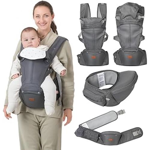 BabbleRoo 6-in-1 Baby Carrier with Hip Seat, Ergonomic, Cozy & Adjustable Toddler Carrier 7-50 lbs with Hip & Lumbar Support, Hood for Sun Protection, Baby Carrier Newborn to Toddler, Gray