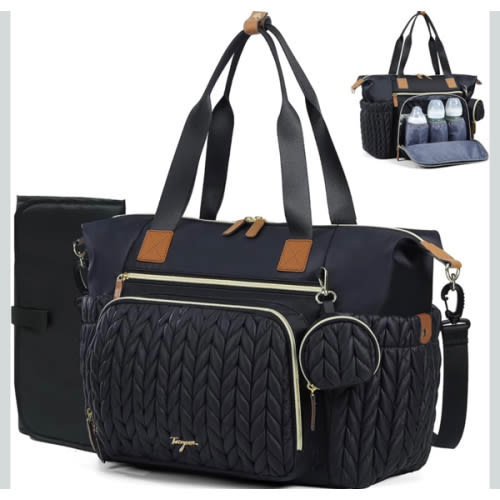 Diaper Bag Tote, Large Diaper Bags Waterproof, Hospital Bag for Labor Delivery, Baby Bag with Pacifier Case, Travel Diaper Tote with Changing Pad, Black