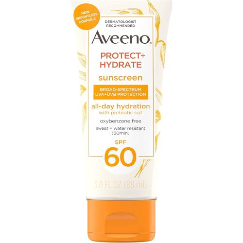 Aveeno Protect + Hydrate Moisturizing Body Sunscreen Lotion with Broad Spectrum SPF 60 & Prebiotic Oat, Weightless & Refreshing Feel, Paraben-Free, Oil-Free, Oxybenzone-Free, 3.0 fl. Oz