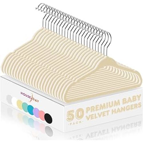 HOUSE DAY 11 Inch Velvet Baby Hangers 50 Pack Beige, Premium Kids Hangers for Children, Infant & Toddler Clothes, Durable Non Slip Small Baby Felt Hanger for Closet, Ideal for Everyday Use