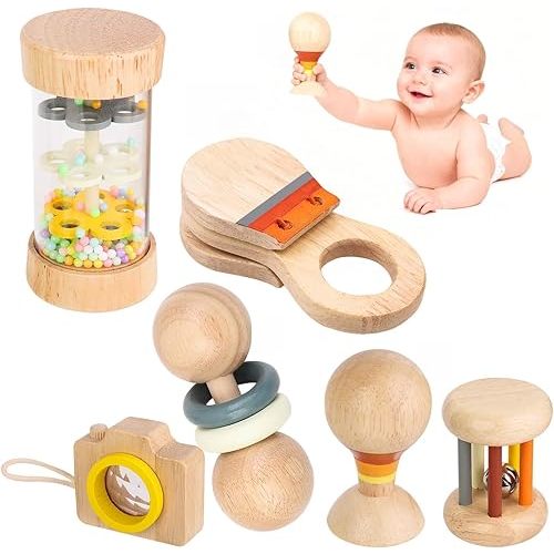 Montessori Wooden Baby Toys 7-in-1 Sensory Set for Babies 0–12 Months, Rain Sound Tube & Rattle Roller, Sensory Musical Gift for Baby Boys and Girls with Storage Bag