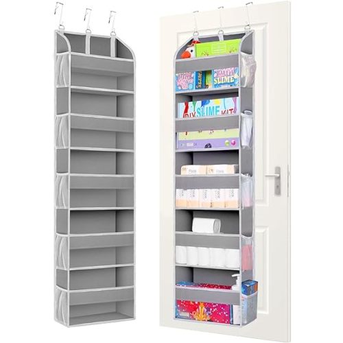 2 Pack Over The Door Storage Organizer with 5 Pockets 10 Mesh Side Pockets, 44 lbs Weight Capacity Door Hanging Organizers and Storage for Bedroom,Bathroom,Nursery,Pantry,Dorm(Light Gray)