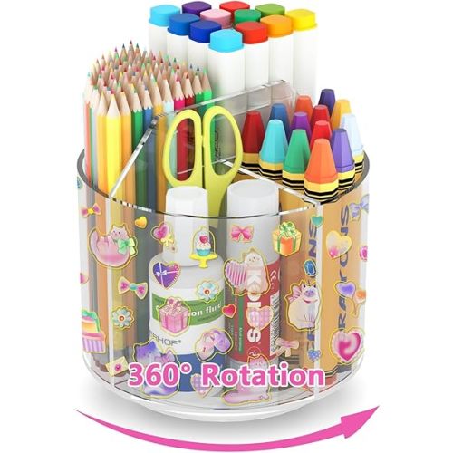 Acrylic Pencil Organizer for Desk 4 Compartments with Adhesive DIY Sticker, Rotating Art Supply Organizer with Kawaii Sticker Kids, Spinning Round Marker Organizer Small Supply Organizers Caddy