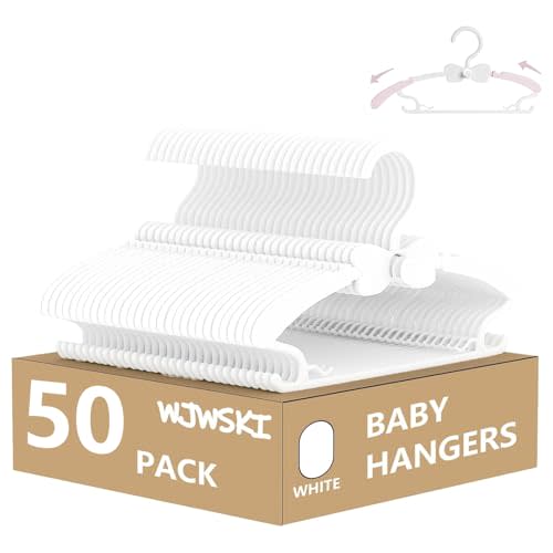 Baby Hangers 50 Pack, 11-14.5" Adjustable Kid Hangers for Newborn Closet, Plastic Non-Slip Small Infant Hanger for Toddler Pant, Child Coat Hanger for Boy Nursery Clothing, Girl Dresses, White