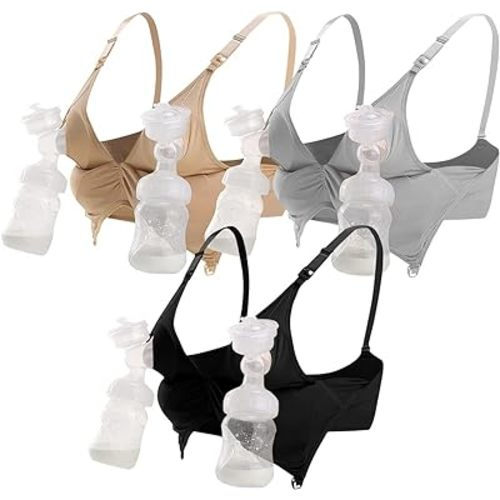 iloveSIA 3PACK Nursing & Pumping Bra All in One Hands Free Pumping Bra Black+Gray+Beige Size L