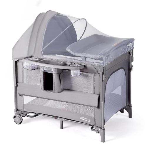 JOYMOR 9 in 1 Bedside Bassinet with Changing Table, Pack and Play with Bassinet, Convert to Rocking Baby Bed with Electric Music Center, Mosquito Net, Toy, Storage, Gray