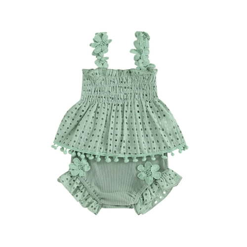 Toddler Baby Toddler Girls Hollow Hole Sling Outfit 0 3 6 12 18 Months Solid Color Cutout Pleated Tank Dresses Tops and Stretch Casual Ruffle Shorts Clothing Set