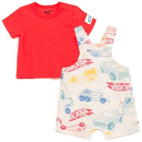 Hot Wheels Newborn Baby Boys French Terry Square Neck Short Overalls and T-Shirt Outfit Set Logo Red / Beige 3-6 Months