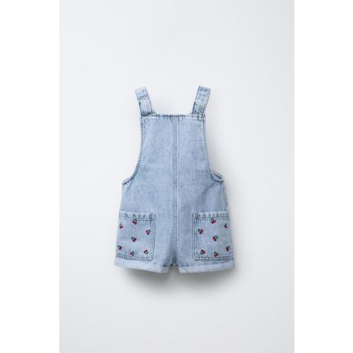 CHERRY EMBROIDERED DENIM OVERALLS - Light blue | ZARA United States