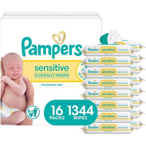 Pampers Baby Wipes, Sensitive, Water Based Wipe, Clinically Proven, Hypoallergenic, and Unscented for Babies, 1344 Wipes Total (16 Flip-Top Packs) [Packaging May Vary]