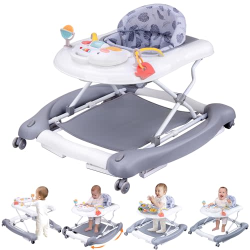 Foldable Baby 5-in-1 Activity Walker - Rocker, Activity Center, Bouncer, Seat Walker, Push Walker - Adjustable Speed Rear Wheels and Height Toys Ages 6-18 Months… (Grey)