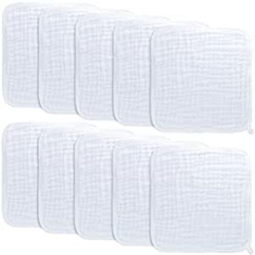 Baby Washcloths, Muslin Cotton Baby Towels, Large 10”x10” Wash Cloths Soft on Sensitive Skin, Absorbent for Boys & Girls, Newborn Baby & Toddlers Essentials Shower Registry Gift (White, Pack of 10)