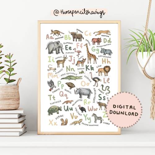 Safari Animals Alphabet Print | Cute ABC Poster | A-Z African Animals Nursery Wall Art | Savannah Kids Room Decor | DIGITAL DOWNLOAD