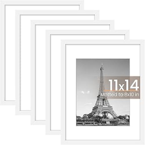 upsimples Picture Frame Set of 5, Display Pictures 8x10 with Mat or 11x14 Without Mat, Wall Gallery Photo Frames, White