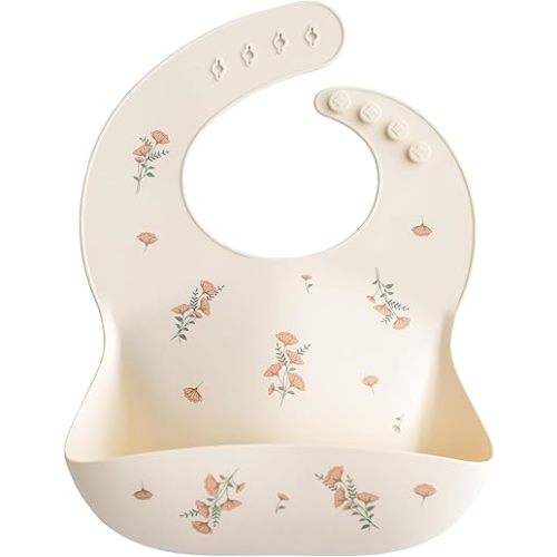 mushie Silicone Baby Bib | Adjustable Fit Waterproof Bibs (Pink Flowers)