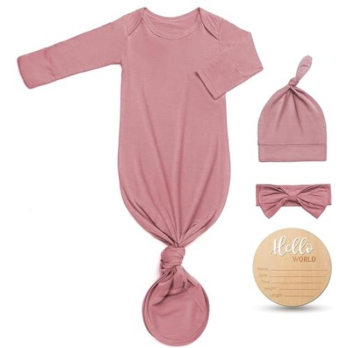 Hello World Newborn Knotted Gown 0-3 Months, Coming Home Outfit Baby Bamboo Viscose Sleeper with Hat,Headband,Wooden Sign