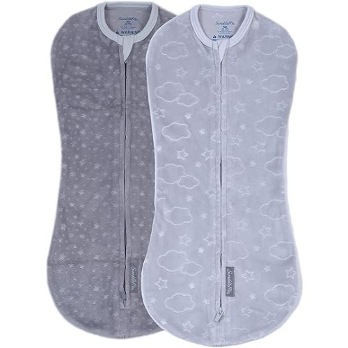 SwaddleMe by Ingenuity Compression Swaddle Pod in Velboa, Two-Way Zipper for Easy Changes, Improves Sleep & Calms Startle Reflex, 0-2 Months, 2-Pack - Clouds & Stars
