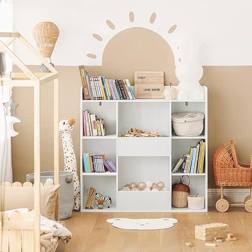Haotian Children Kids Bookcase Book Shelf Toy Shelf Storage Display Shelf with 8 Storage Compartments, White, KMB55-W