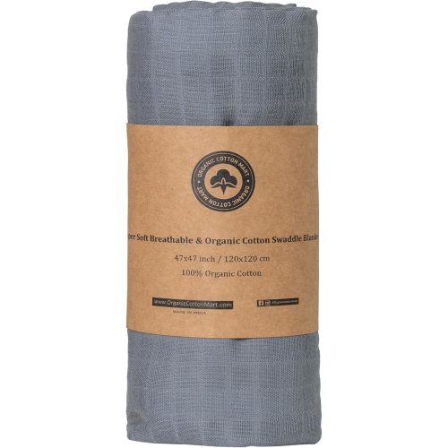 Organic Cotton Gray Swaddle Blanket - 100% Cotton, Muslin Weave, Extremely Soft, Breathable, All-Natural, 47"x47", Versatile Use - Gauze Swaddling Blanket for Newborns