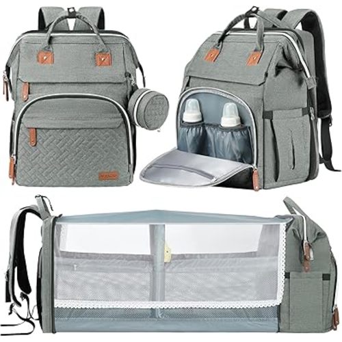 DERJUNSTAR Baby Diaper Bag Backpack, Diaper Changing Station, Baby Bags for Boys Girls, USB Charging Port,Pacifier Case, Sunshade and Toy Bar, Ash Grey