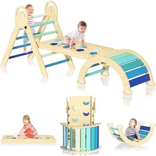 Pikler Triangle Set, Montessori Climbing Set, Baby Climbing Playset Toys Indoor, Jungle Gyms for Toddlers Ages 1-4, Toddler Climb Playground (Blue)