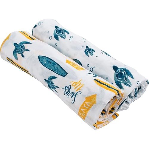 Bebe au Lait Oh So Soft Muslin Swaddle Blanket Set, Soft Muslin Design, Stylish Pattern - Surf and Sea Turtles , 47x47 Inch (Pack of 2)