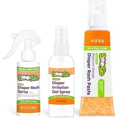 Boogie Diaper Rash Baby Bundle – Rash Spray, Extra Strength Paste, and Irritation Gel Spray – Diaper Bag Essentials for Newborns, Infants, & Toddlers, Set of 3 Baby Must Haves
