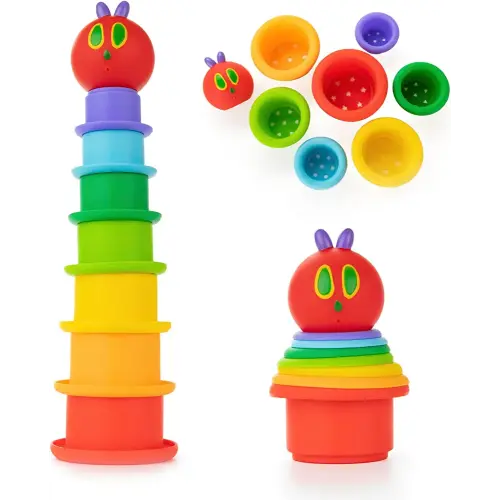 Kids Preferred World of Eric Carle The Very Hungry Caterpillar Bath Time Silicone Stacking Cup Set with Caterpillar Head Squirty Perfect for Water Play Ages 18 Months and Up