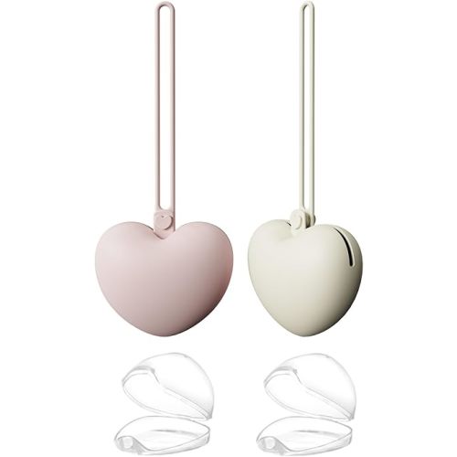 4pcs Pacifier Holder Case Set, 2pcs Silicone Portable Pacifier Pouch and 2pcs Transparent Pacifier Storage Container, Cute Heart Shape Pacifier Storage Case for Newborn Baby(Pink+Khaki)