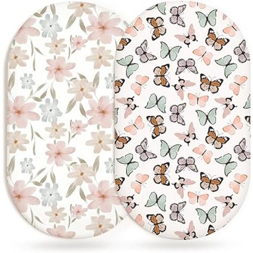 Bassinet Sheets for Baby Girls Boys 2 Pack, Fitted Baby Mattress Sheet for Rectangle, Oval, Hourglass Bassinet Mattress, Breathable Cozy & Universal Fit (Butterfly Dance, Bassinet Sheet)
