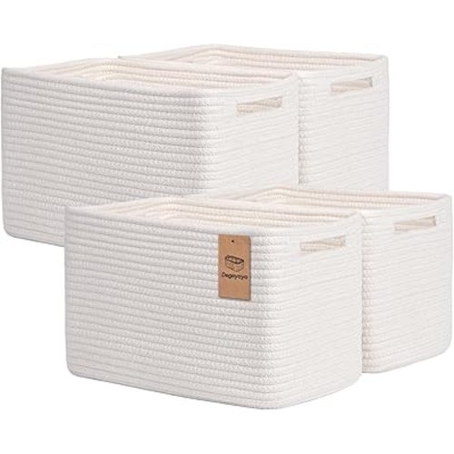 Storage Baskets for Organizing, 4 Pack Baskets for Shelves, Decorative Storage Bins for Shelves, Cotton Rope Storage Basket with Handles, Woven Basket for Storage, 13''Lx8.7''Wx7.9''H, White
