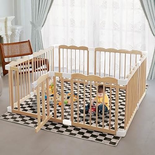 Baby Playpen, Wooden Playpen for Babies and Toddlers, Large Adjustable Wooden Baby Playpen with Locking Gate, Easy to Assemble, Portable Playpen, Baby Fence Play Area(47x62x24 Inch)
