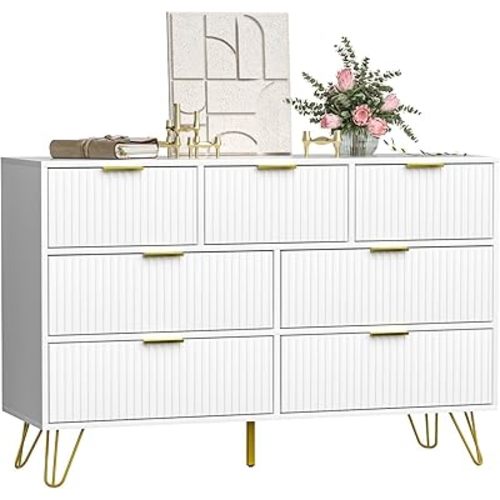 Dresser for Bedroom, White Bedroom Dresser with 7 Drawers, Modern Wide Dresser with Gold Pulls,White