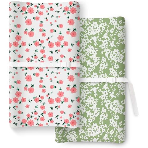 TotBasic 2 Pack Premium Stretchy Changing Pad Cover, Snuggly Soft Jersey Cotton Changing Table Covers for Girl, Boy - Fits Perfectly on Summer Infant & Other 16 x 32 Contoured Changing Pad (Floral) - Cartoon Edition - Chaging Pad Covers