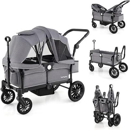 BABY JOY Wagon Stroller for 2 Kids, Collapsible Push Pull Double Stroller Wagon with Adjustable Handle Bar, Removable Canopy, Safety Harness, Cup Holder, Snack Tray & Storage Bag (Gray)