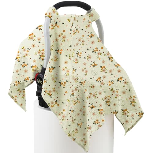 100% Muslin Cotton Car Seat Cover Baby, Carseat Canopy Cover, Universal Fit Stroller Covers for Boys and Girls (Beige Floral)