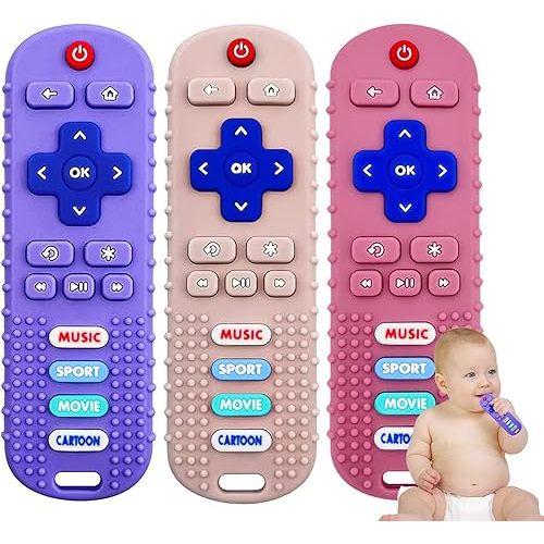 3 Pack Baby Teether Toys - TV Remote Control Shape Silicone Toddler Teething Toys for Babies 6-12 Months (Pink&Khaki&Purple)