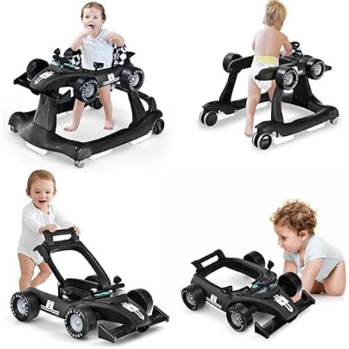 HONEY JOY 4-in-1 Baby Walker, Activity Push Walker w/3 Adjustable Heights, Smooth Wheels w/Adjustable Speed, Padded Seat, Music & Light, Foldable Car Walker for Baby Boys Girls Age 6 Months+ (Black)