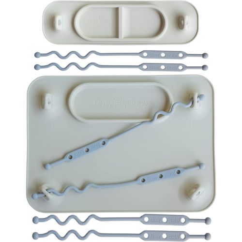 Busy Baby Deluxe Bundle - Original & Mini Silicone Placemats, 6 Straps, Bottle Bungee, Teething Spoon (Tan) - Tan Bundle