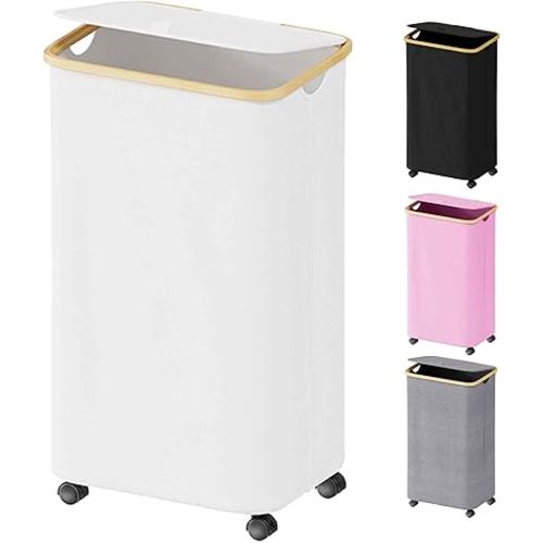 SUOCO Laundry Hamper on Wheels 100L, Clothes Basket with Lid and Bamboo Handles, Foldable Laundry Hamper for Bedroom, Bathroom, Dorm, Laundry Room - White