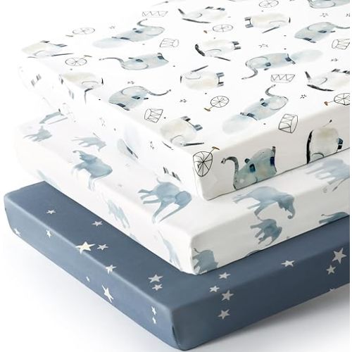 3 Pack Fitted Sheets for Pack n Play - Cute Elephant Print for Boys and Girls