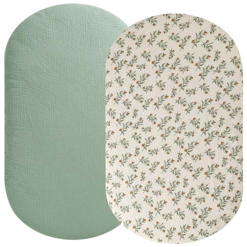 Muslin Bassinet Sheet for 4moms Mamaroo Sleep Bassinet, 2 Pack Fitted Crib Sheets 100% Cotton Soft Breathable Baby Bedding, Roman Green & Botanical Leaf