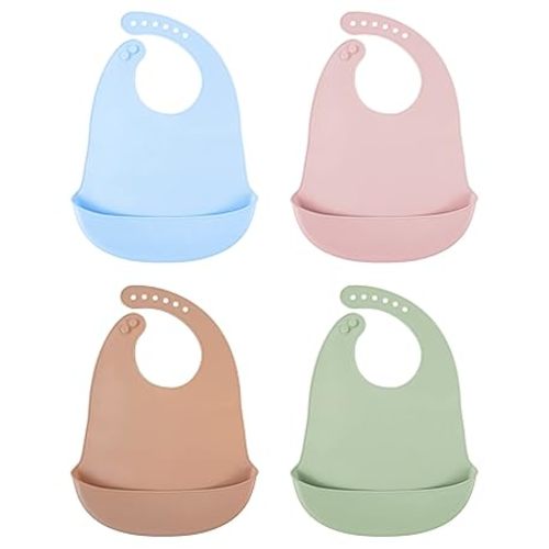 DF DUALFERV 4 pcs Silicone Bibs, Baby Bibs, Bibs for Baby Girls and Baby Boys, Waterproof of Baby Bib, Adjustable Toddler Bibs