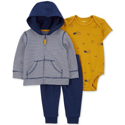 Baby Boys Cotton Striped Little Jacket, Elephant-Print Bodysuit and Pants, 3 Piece Set