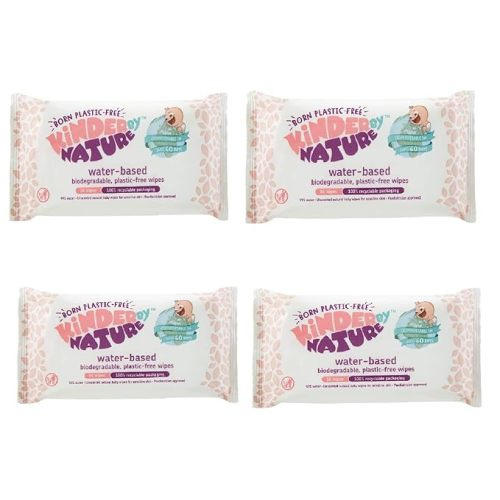 Kinder by Nature Water-Based Baby Wipes - 100% Biodegradable & Compostable, 224 Count (4 Packs of 56) - 99% Water, Plastic-Free Wipes