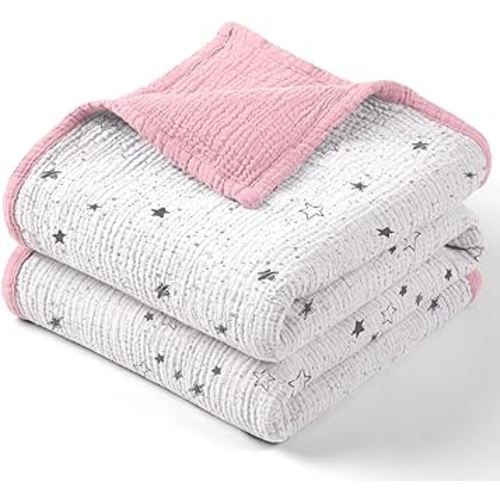 Lulu moon Muslin Baby Blanket - Cotton Quilt Blankets for Toddlers - Reversible Nursery Crib Blanket for Baby Boys and Girls 47"x47"(Pink Star)
