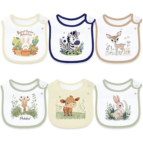 Maiwa 6 Pack Cotton Baby Bibs for Girls Boys with Waterproof layer for Drooling Eating teething with Snaps